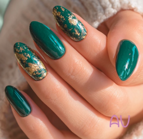unghie verdi con accenti dorati