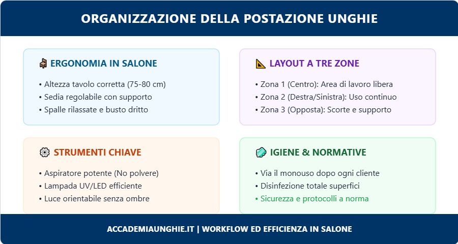 postazione unghie con indicaizoni sull'ergonomia, il layout a tre zone, strumenti chiave e igiene